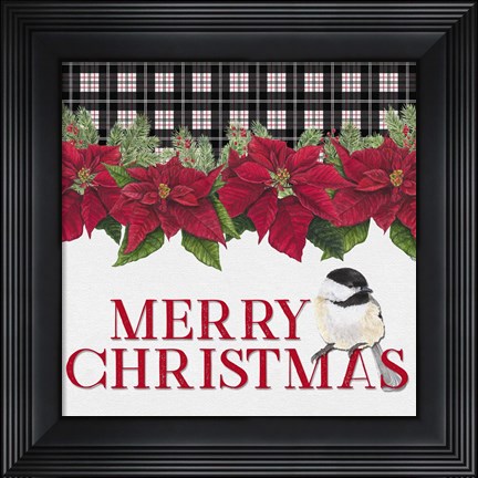 Framed Chickadee Christmas Red II Merry Christmas Print