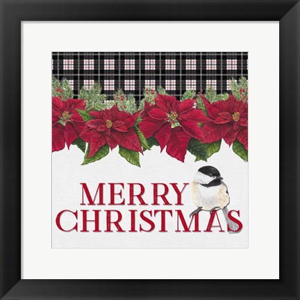 Framed Chickadee Christmas Red II Merry Christmas Print