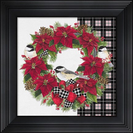 Framed Chickadee Christmas Red V Wreath Print