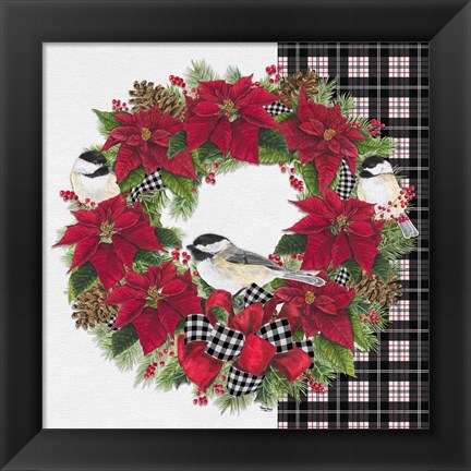 Framed Chickadee Christmas Red V Wreath Print