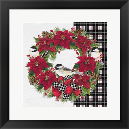 Framed Chickadee Christmas Red V Wreath Print