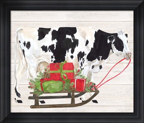 Framed Christmas on the Farm I Cow with Sled Print