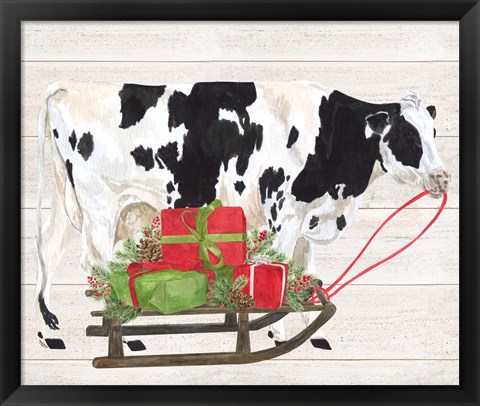 Framed Christmas on the Farm I Cow with Sled Print