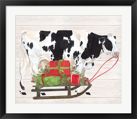 Framed Christmas on the Farm I Cow with Sled Print