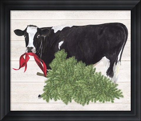 Framed Christmas on the Farm II Cow with Tree Print
