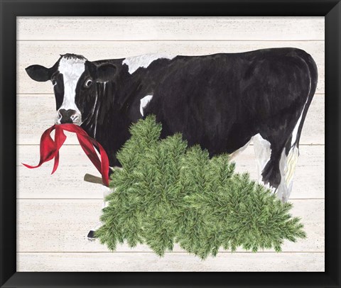 Framed Christmas on the Farm II Cow with Tree Print