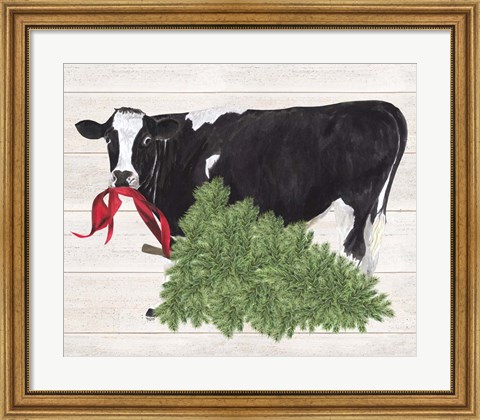 Framed Christmas on the Farm II Cow with Tree Print
