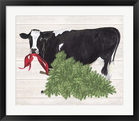 Framed Christmas on the Farm II Cow with Tree Print