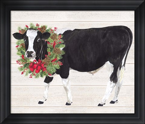 Framed Christmas on the Farm III Cow with Wreath Print