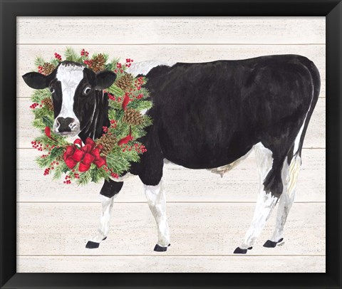 Framed Christmas on the Farm III Cow with Wreath Print