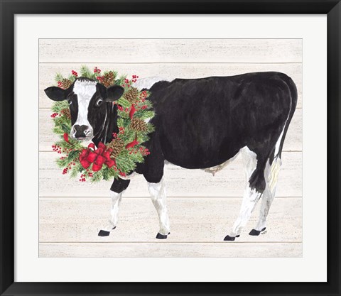 Framed Christmas on the Farm III Cow with Wreath Print