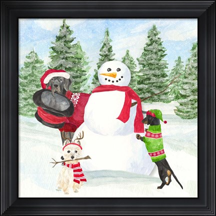 Framed Dog Days of Christmas I Building Snowman Print