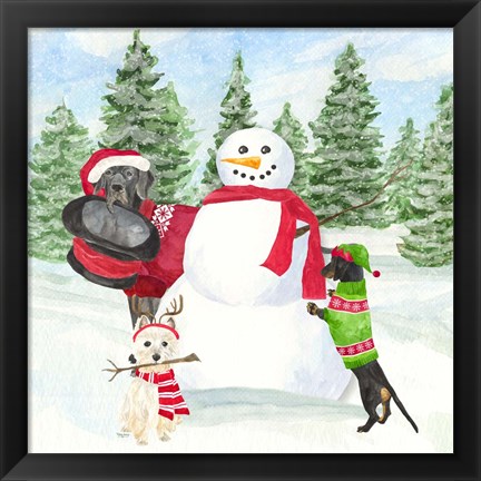 Framed Dog Days of Christmas I Building Snowman Print