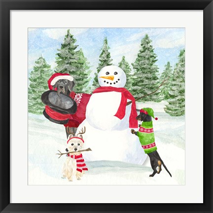 Framed Dog Days of Christmas I Building Snowman Print