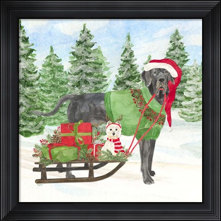 Framed Dog Days of Christmas II Sled with Gifts Print
