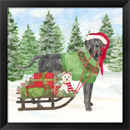 Framed Dog Days of Christmas II Sled with Gifts Print