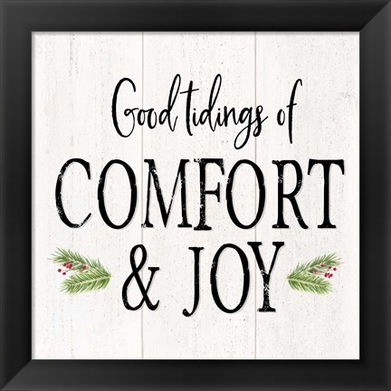 Framed Peaceful Christmas II Comfort and Joy black text Print