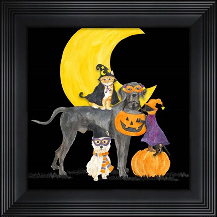 Framed Fright Night Friends II Dog with Pumpkin Print
