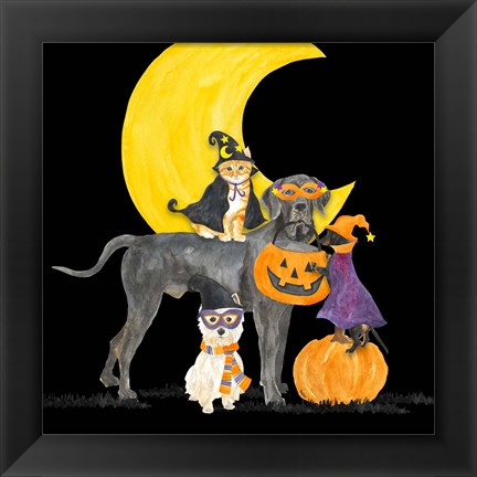 Framed Fright Night Friends II Dog with Pumpkin Print