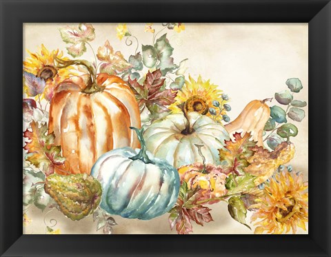 Framed Watercolor Harvest Pumpkin landscape Print