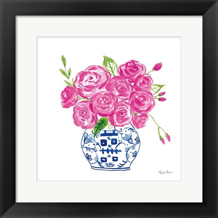 Framed Chinoiserie Roses on White II Print