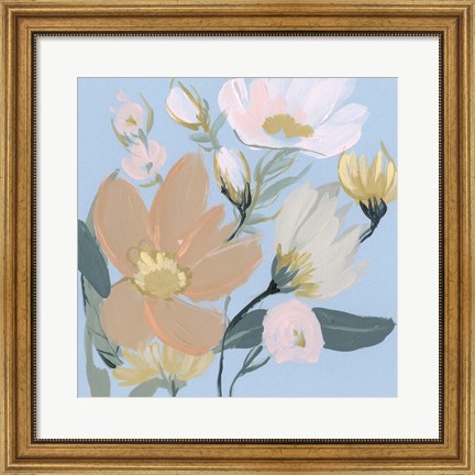 Framed Bouquet on Blue II Print