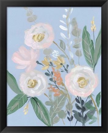 Framed Spring Bouquet on Blue I Print