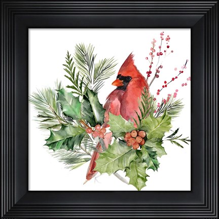 Framed Cardinal Holly Christmas I Print