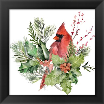 Framed Cardinal Holly Christmas I Print