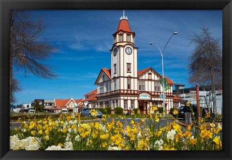 Framed I-SITE Visitor Centre (Old Post Office) And Flowers, Rotorua, North Island, New Zealand Print