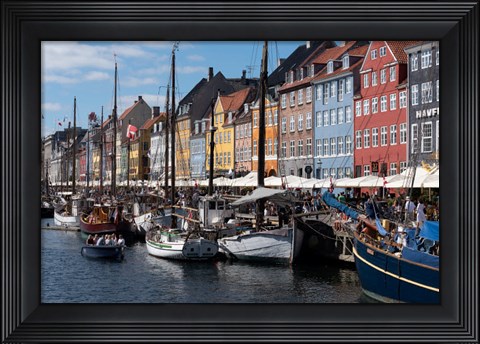 Framed Colorful Buildings, Boats And Canal, Denmark, Copenhagen Print