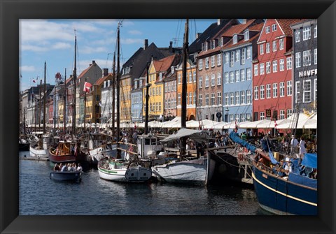 Framed Colorful Buildings, Boats And Canal, Denmark, Copenhagen Print