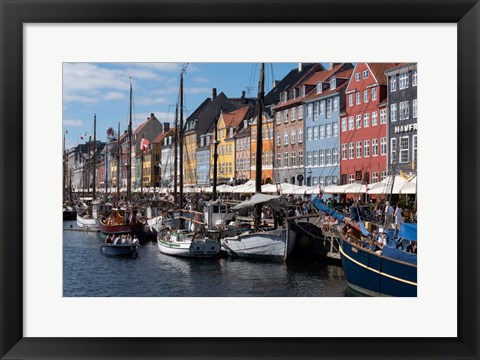 Framed Colorful Buildings, Boats And Canal, Denmark, Copenhagen Print