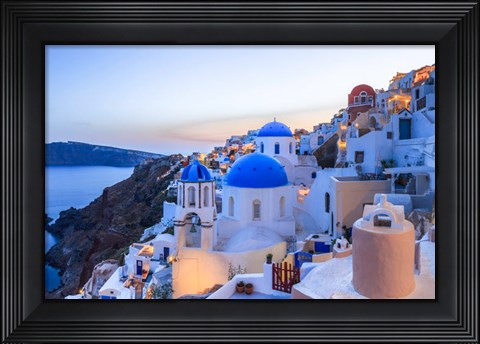 Framed Greece, Santorini, Oia Sunset On Coastal Town Print