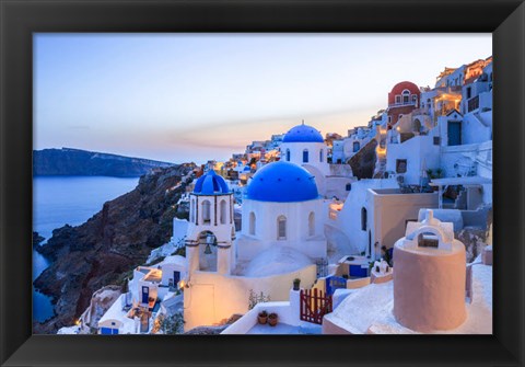 Framed Greece, Santorini, Oia Sunset On Coastal Town Print