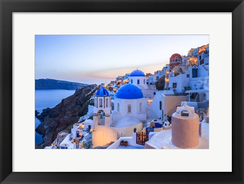 Framed Greece, Santorini, Oia Sunset On Coastal Town Print