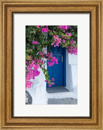 Framed Greece, Santorini A Picturesque Blue Door Is Surrounded By Pink Bougainvillea In Firostefani Print
