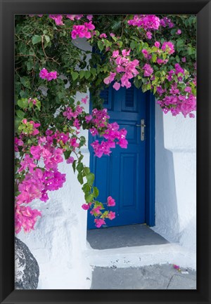 Framed Greece, Santorini A Picturesque Blue Door Is Surrounded By Pink Bougainvillea In Firostefani Print