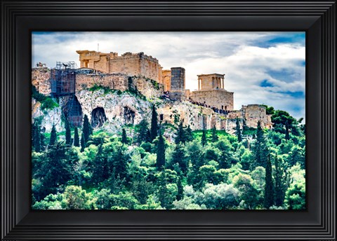 Framed Acropolis, Green Trees, Hill From Agora Temple Of Athena Nike Propylaea, Athens, Greece Print