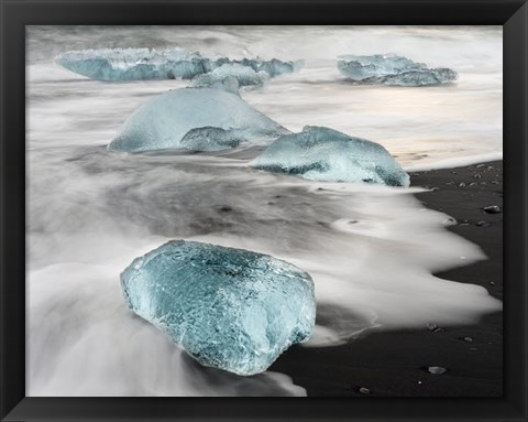 Framed Icebergs On Black Volcanic Beach Near The Jokulsarlon Glacial Lagoon In The Vatnajokull National Park, Iceland Print