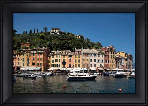 Framed Italy, Province Of Genoa, Portofino, Fishing Village On The Ligurian Sea, Pastel Buildings Overlooking Harbor Print