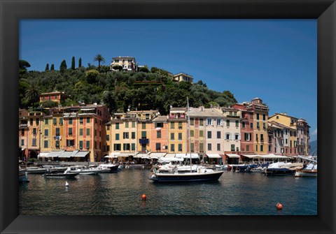 Framed Italy, Province Of Genoa, Portofino, Fishing Village On The Ligurian Sea, Pastel Buildings Overlooking Harbor Print