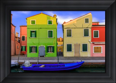 Framed Italy, Burano Colorful House Walls And Boat In Canal Print