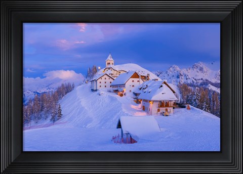 Framed Italy, Monte Lussari Winter Night At Ski Resort Print