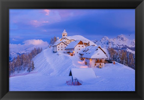 Framed Italy, Monte Lussari Winter Night At Ski Resort Print