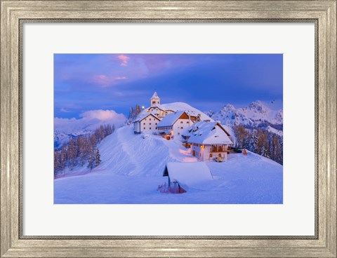 Framed Italy, Monte Lussari Winter Night At Ski Resort Print