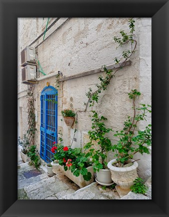 Framed Italy, Puglia, Brindisi, Itria Valley, Ostuni Blue Door And Potted Plants Print