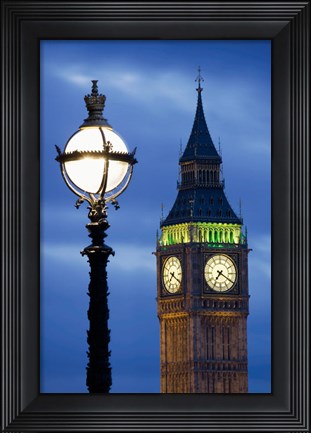 Framed Europe, Great Britain, London, Big Ben Clock Tower Lamp Post Print