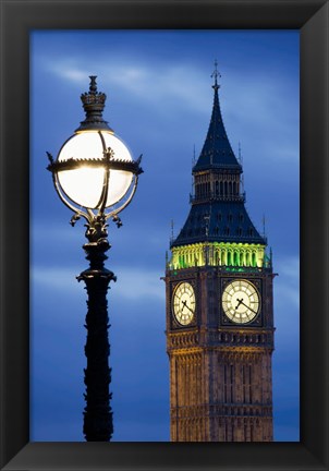 Framed Europe, Great Britain, London, Big Ben Clock Tower Lamp Post Print