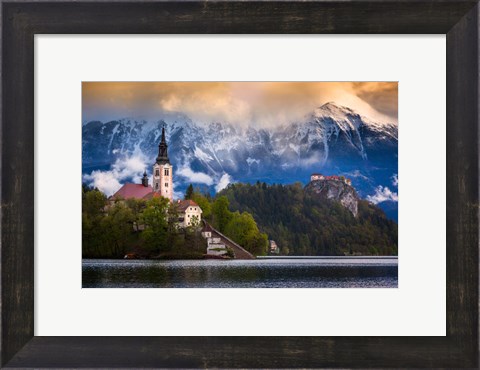 Framed Europe, Slovenia, Lake Bled Church Castle On Lake Island And Mountain Landscape Print